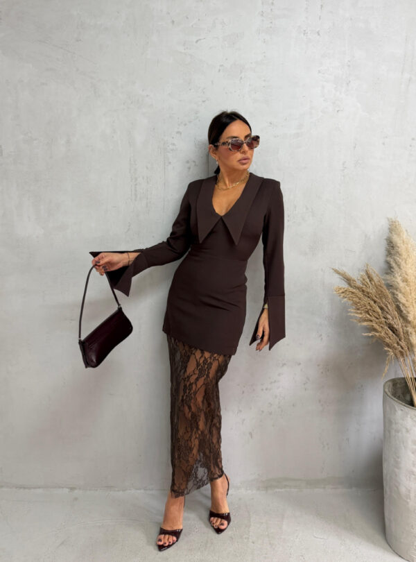 Midi haljina dugih rukava naglašene kragne sa suknjom obogaćenom čipkom