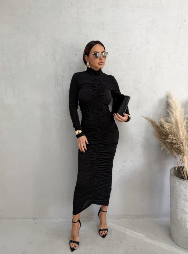 Midi crna nabrana haljina dugih rukava rolka kragne i otvorenih leđa