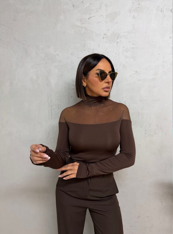 Polu-transparentna braon basic bluza dugih rukava sa rolkom
