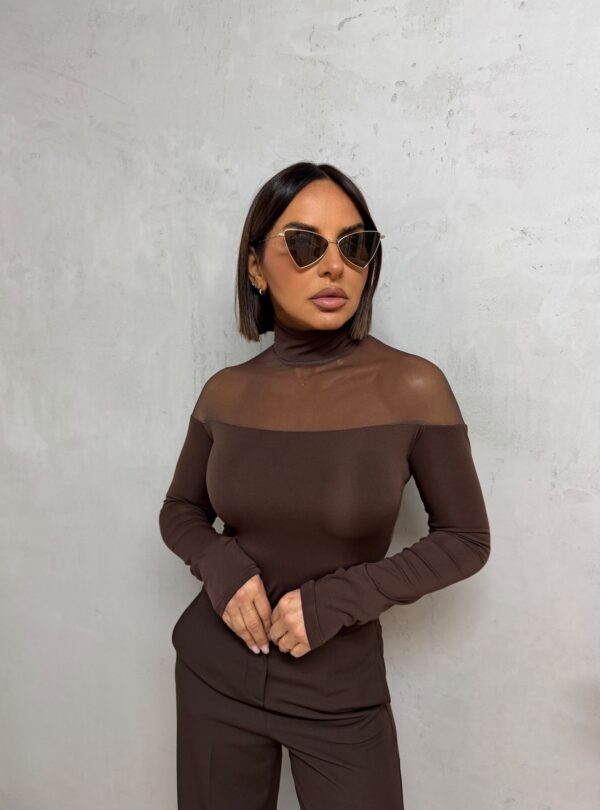 Polu-transparentna braon basic bluza dugih rukava sa rolkom