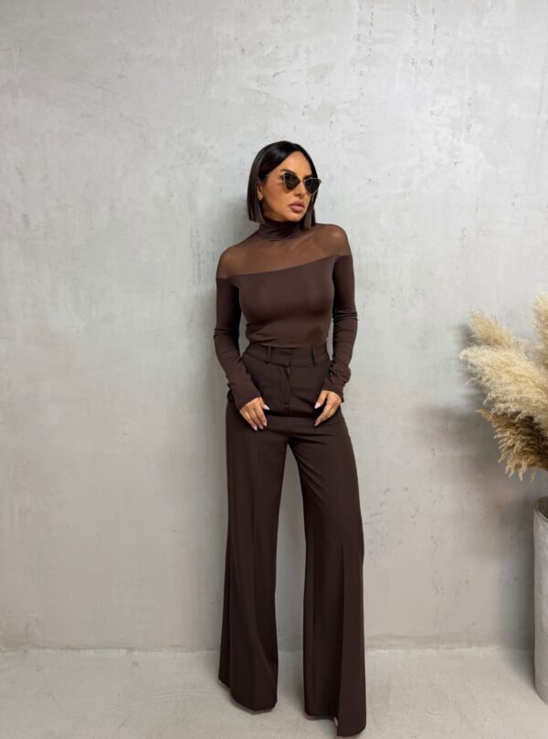 Polu-transparentna braon basic bluza dugih rukava sa rolkom