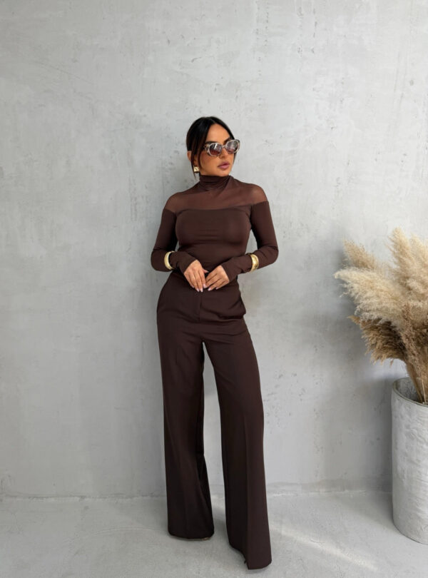 Polu-transparentna braon basic bluza dugih rukava sa rolkom