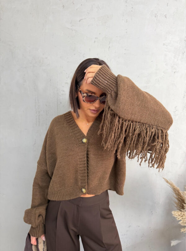 Braon džemper na kopčanje sa dekorativnim resama