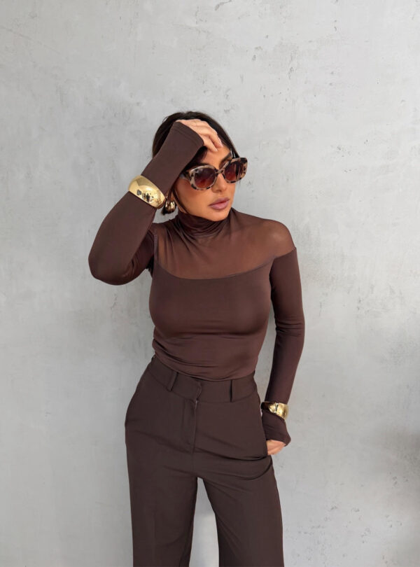 Polu-transparentna braon basic bluza dugih rukava sa rolkom