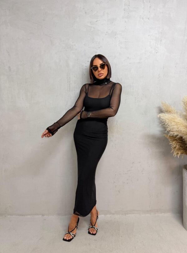 Midi crna rolka dvodelna providna haljina dugih rukava sa podhaljinom