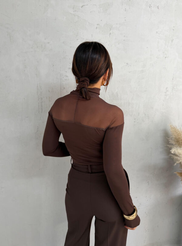 Polu-transparentna braon basic bluza dugih rukava sa rolkom