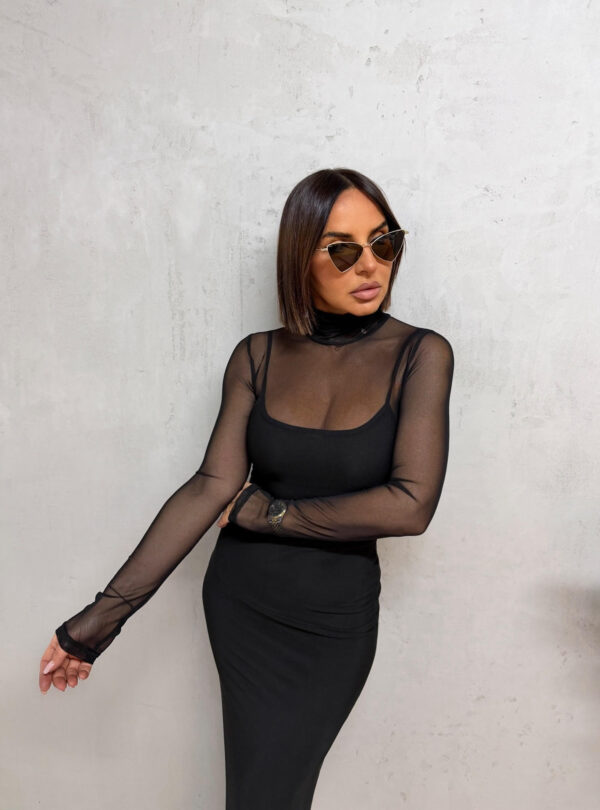 Midi crna rolka dvodelna providna haljina dugih rukava sa podhaljinom