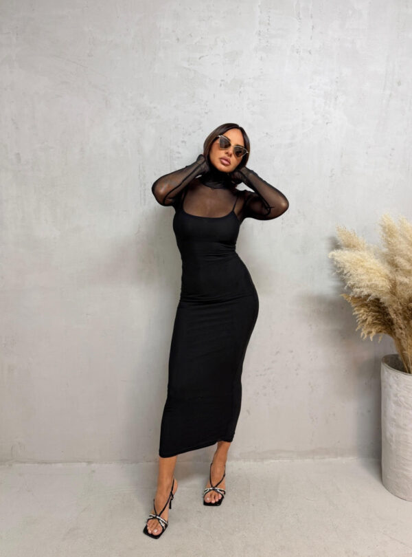 Midi crna rolka dvodelna providna haljina dugih rukava sa podhaljinom