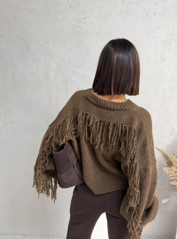 Braon džemper na kopčanje sa dekorativnim resama
