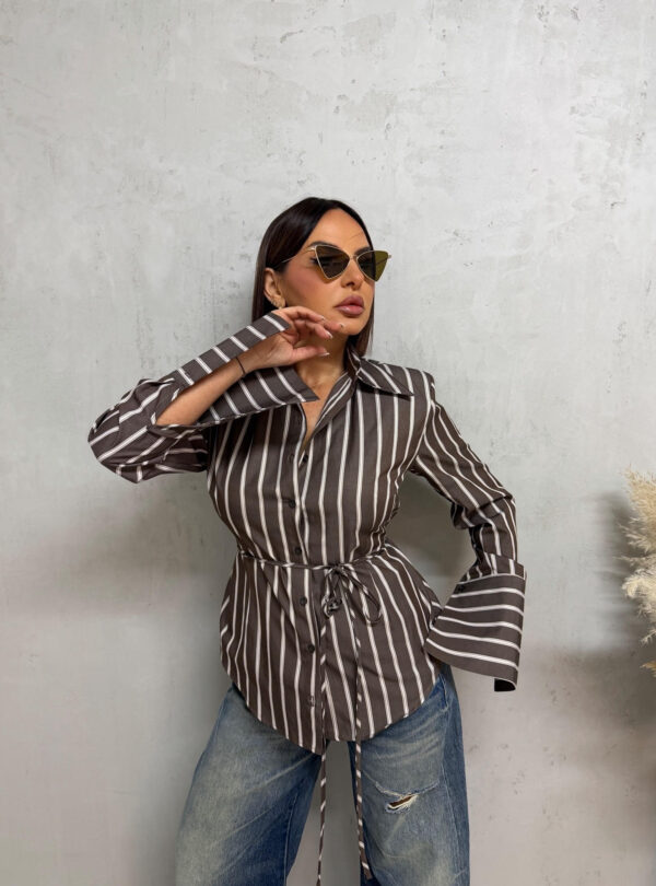 Basic braon bela prugasta košulja visokih manžetni, strukirana pojasem na vezivanje sa naramenicama