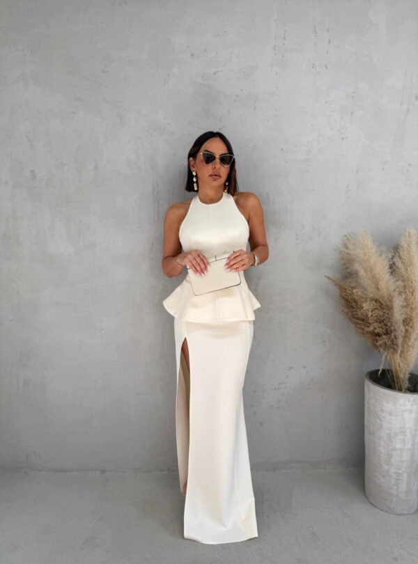 Beli komplet duge maxi uske suknje i peplum bluze