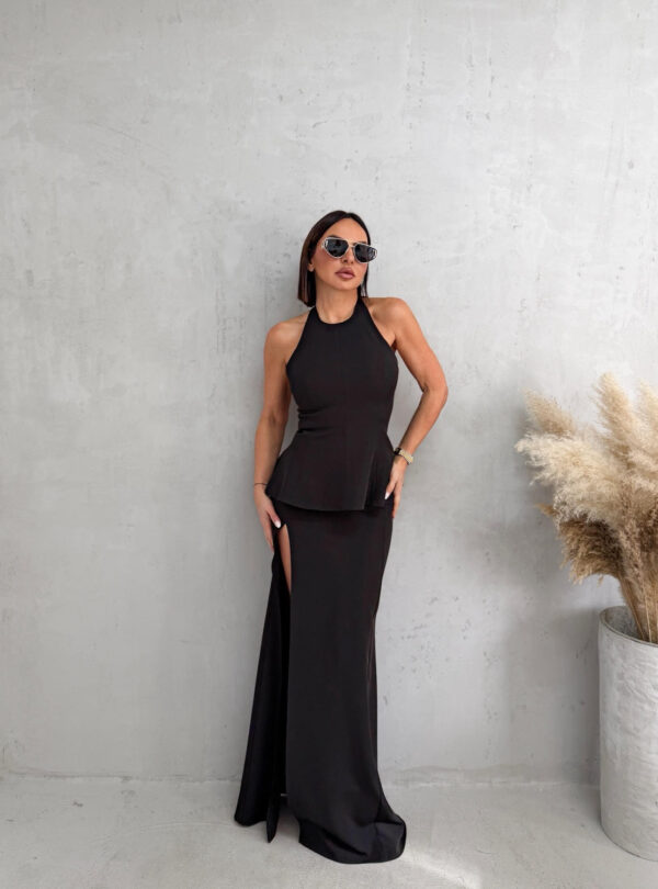 Crni komplet duge maxi uske suknje i peplum bluze