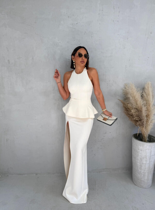 Beli komplet duge maxi uske suknje i peplum bluze