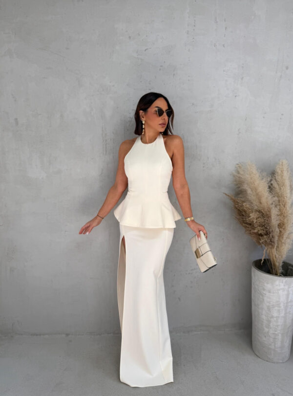 Beli komplet duge maxi uske suknje i peplum bluze
