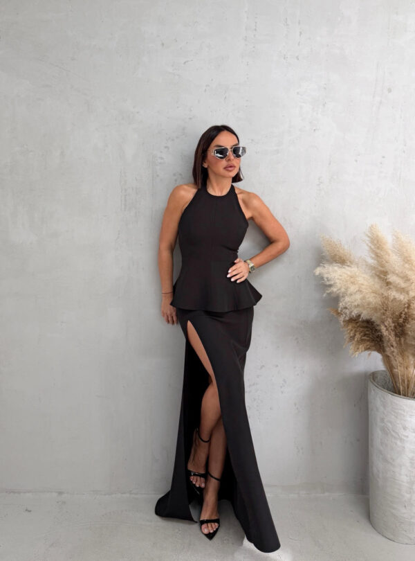 Crni komplet duge maxi uske suknje i peplum bluze