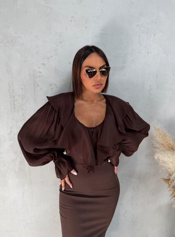 Braon bluza dugih rukava bogata karnerima sa V izrezom