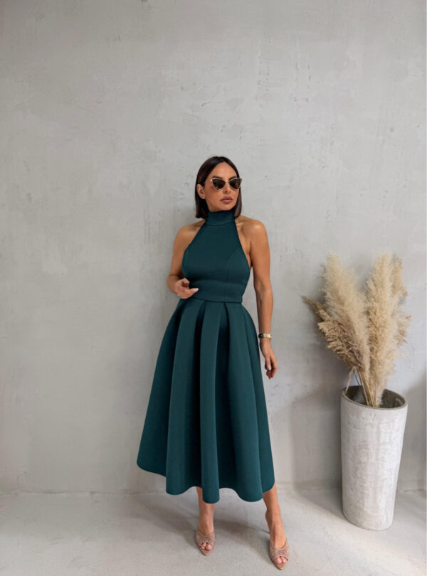 Midi elegantna petrolej zelena haljina A kroja sa halter izrezom i rolkom