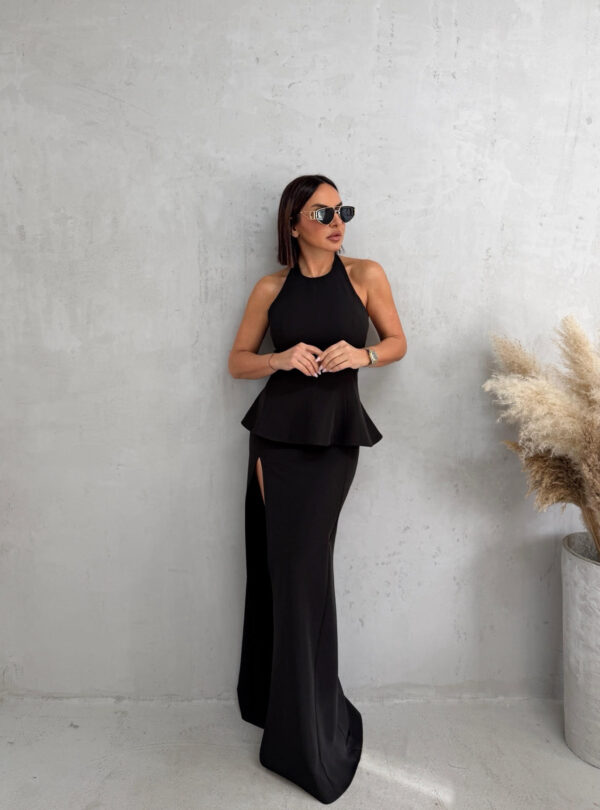 Crni komplet duge maxi uske suknje i peplum bluze