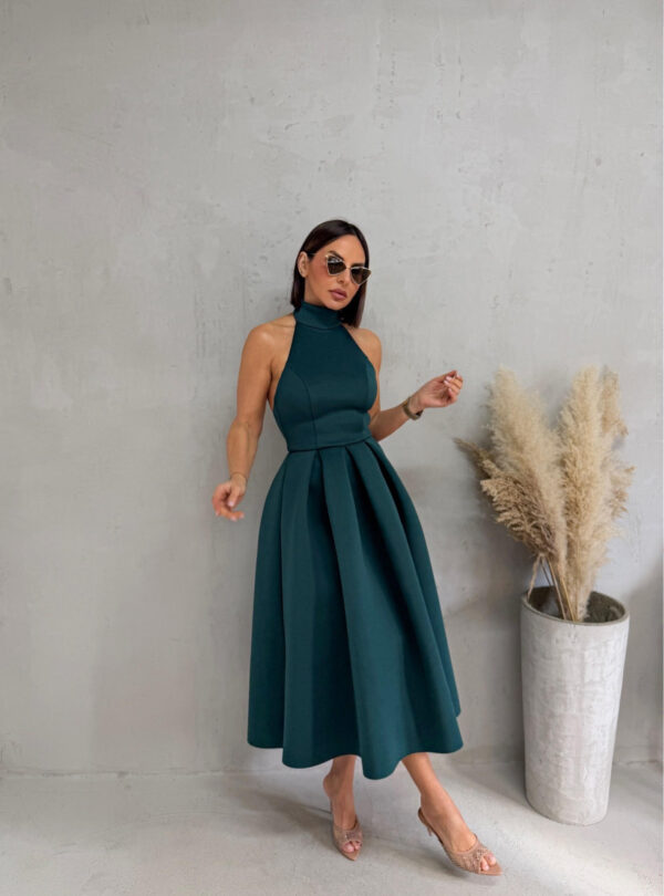 Midi elegantna petrolej zelena haljina A kroja sa halter izrezom i rolkom