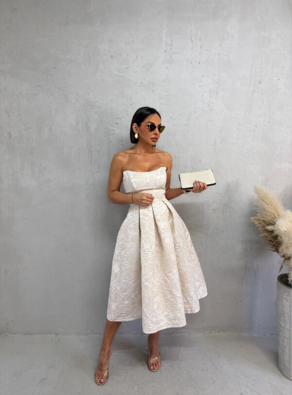 Midi bež elegantna korset haljina A kroja ispod kolena od čvrstog cvetnog brokata