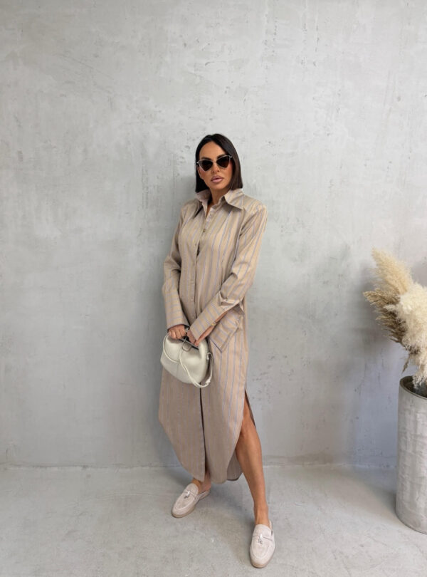 Duga krem bež prugasta košulja haljina sa pojasom na vezivanje i visokim manžetnama
