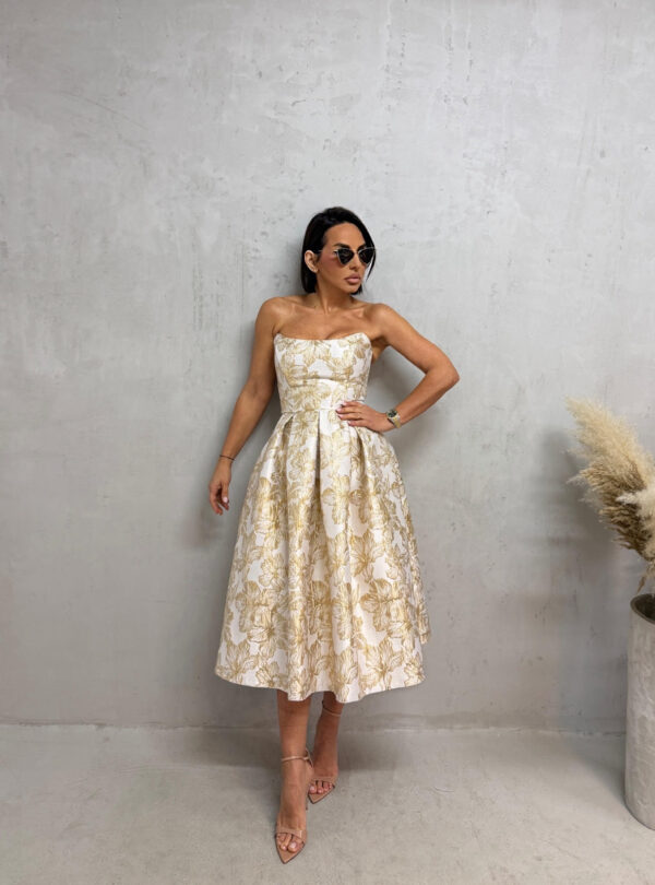 Midi bež zlatna elegantna korset haljina A kroja ispod kolena od čvrstog cvetnog brokata