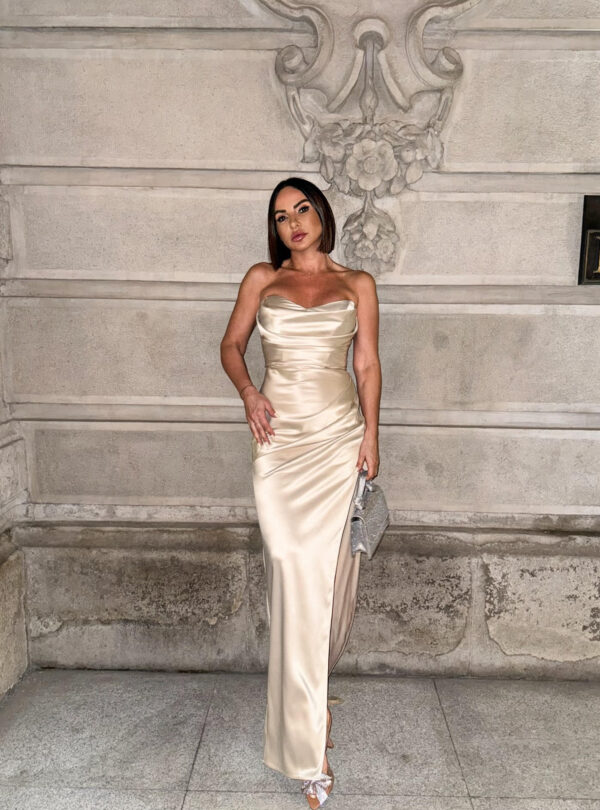 Duga balska satenska korset haljina šampanj bež boje