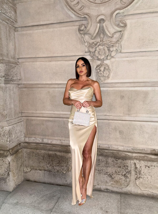 Duga balska satenska korset haljina šampanj bež boje