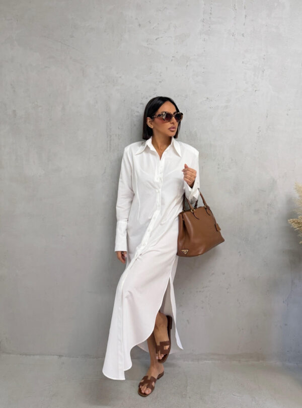 Duga bela košulja haljina sa pojasom na vezivanje i visokim manžetnama