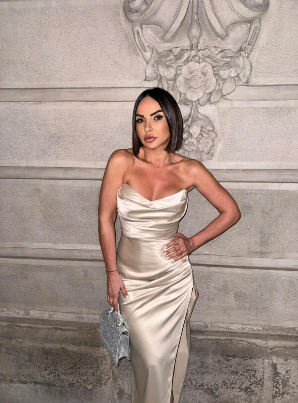 Duga balska satenska korset haljina šampanj bež boje