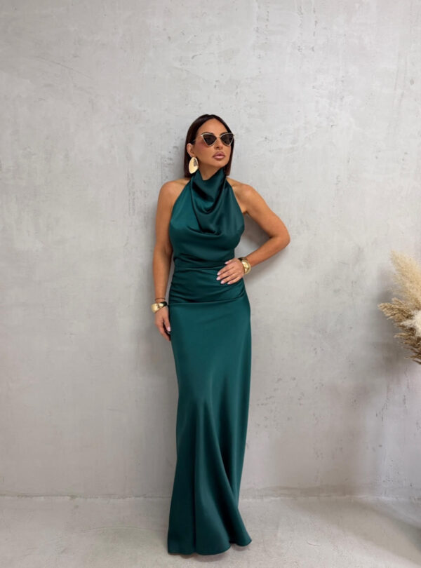 Duga petrolej zelena satenska elegantna haljina otvorenih leđa i nabranog dekoltea