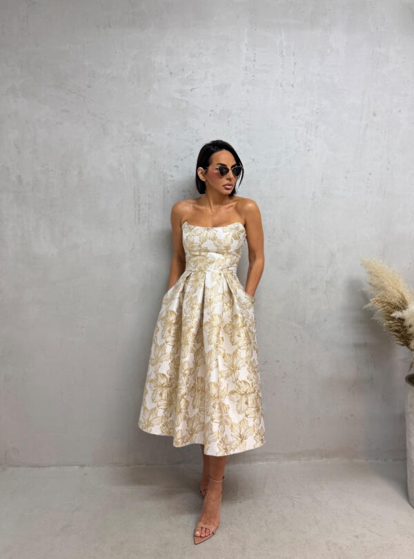 Midi bež zlatna elegantna korset haljina A kroja ispod kolena od čvrstog cvetnog brokata