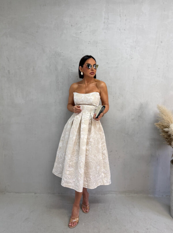 Midi bež elegantna korset haljina A kroja ispod kolena od čvrstog cvetnog brokata