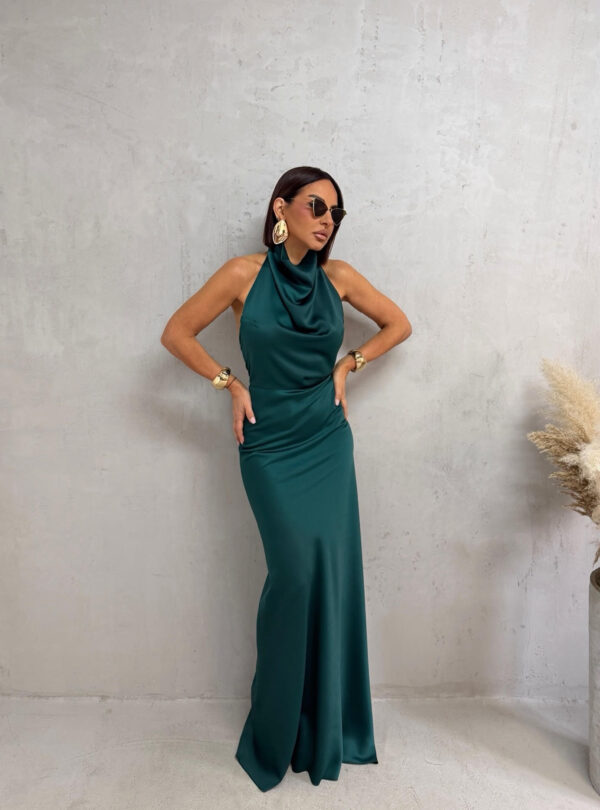 Duga petrolej zelena satenska elegantna haljina otvorenih leđa i nabranog dekoltea