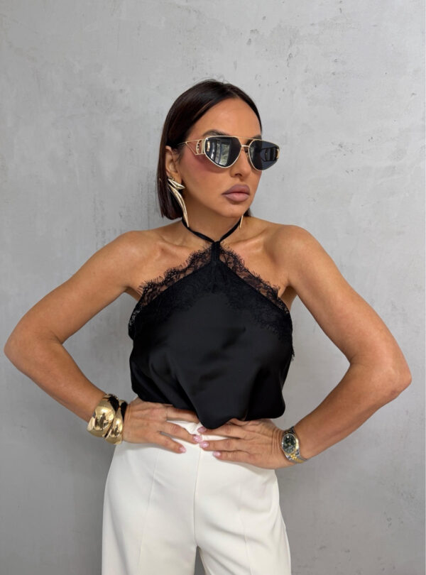 Crna elegantna bluza sa čipkom bez rukava sa halter dekolteom