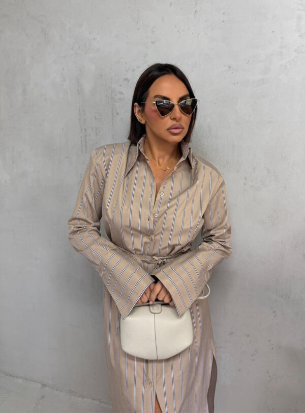 Duga krem bež prugasta košulja haljina sa pojasom na vezivanje i visokim manžetnama