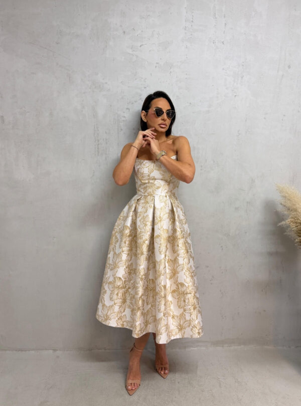 Midi bež zlatna elegantna korset haljina A kroja ispod kolena od čvrstog cvetnog brokata