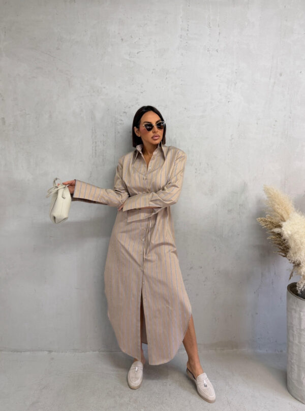 Duga krem bež prugasta košulja haljina sa pojasom na vezivanje i visokim manžetnama