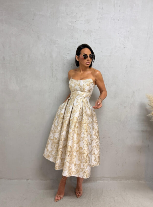 Midi bež zlatna elegantna korset haljina A kroja ispod kolena od čvrstog cvetnog brokata