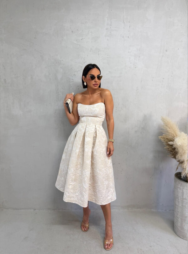 Midi bež elegantna korset haljina A kroja ispod kolena od čvrstog cvetnog brokata