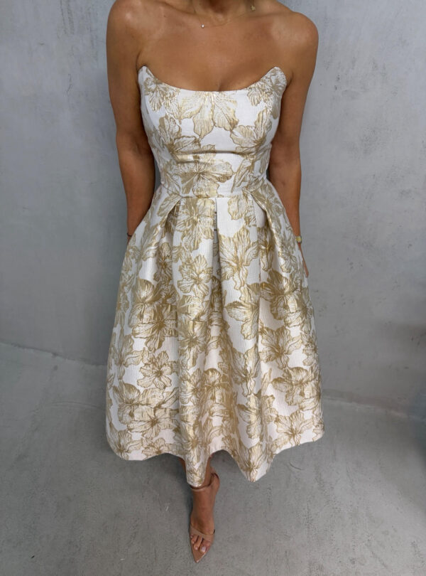 Midi bež zlatna elegantna korset haljina A kroja ispod kolena od čvrstog cvetnog brokata