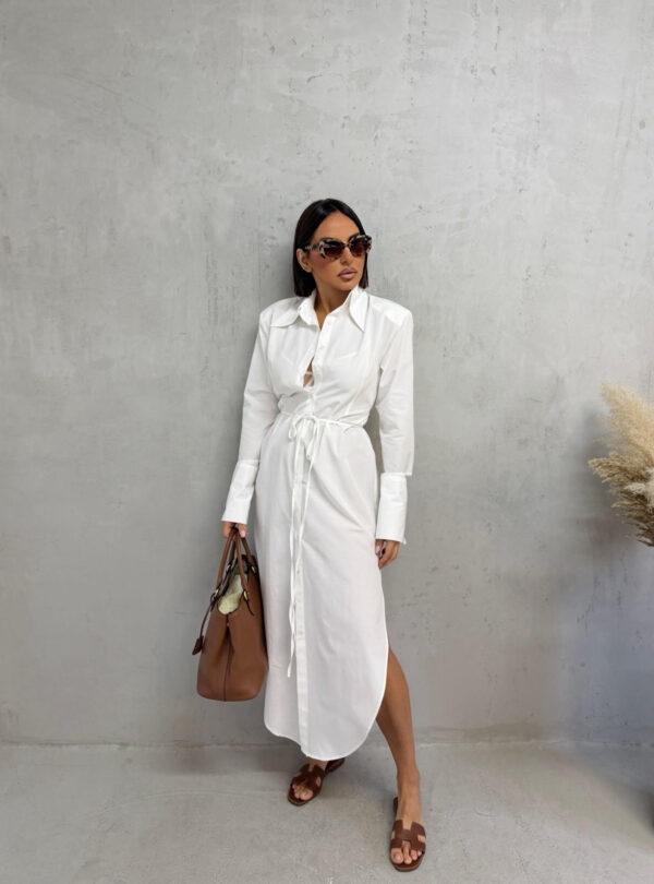 Duga bela košulja haljina sa pojasom na vezivanje i visokim manžetnama