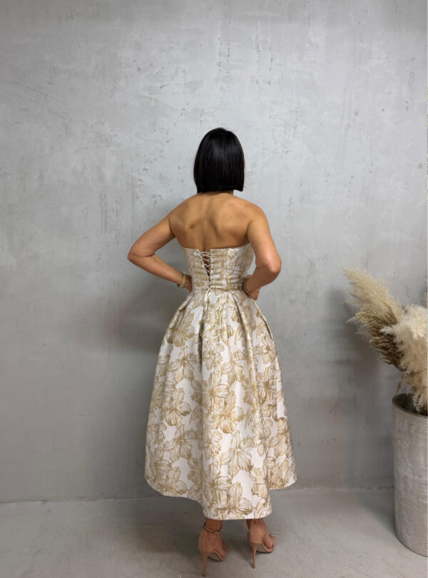 Midi bež zlatna elegantna korset haljina A kroja ispod kolena od čvrstog cvetnog brokata