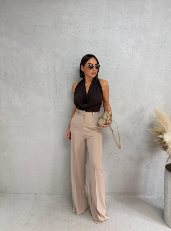 Nude krem zvonaste pantalone visokog struka kosih džepova sa skrivenim rajsferšlusom