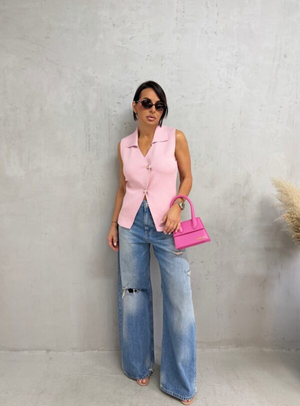 Roze duži prsluk od trikotaže na kopčanje sa kragnom