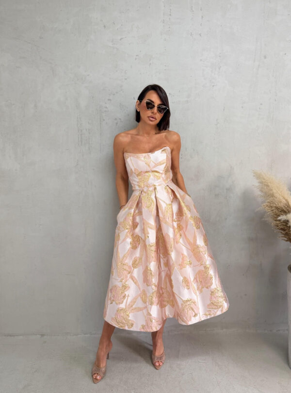 Midi roze zlatna cvetna elegantna korset haljina A kroja ispod kolena od čvrstog cvetnog brokata