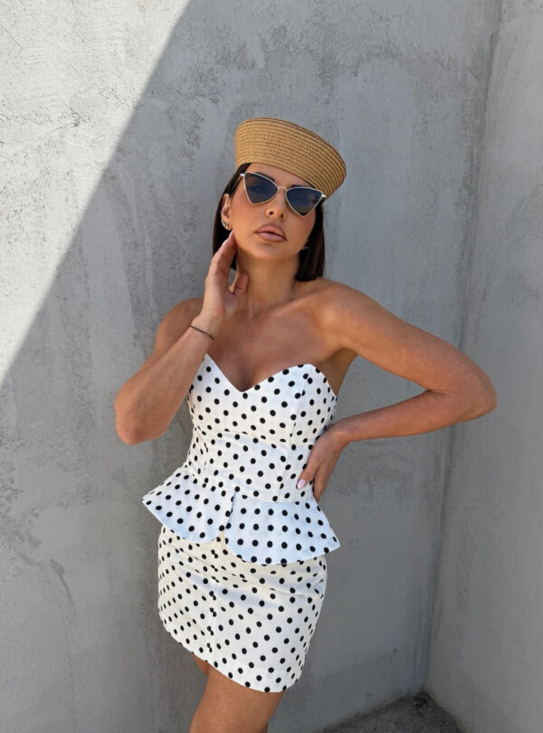 Beli polka dot peplum korset sa crnim tufnama srce dekoltea