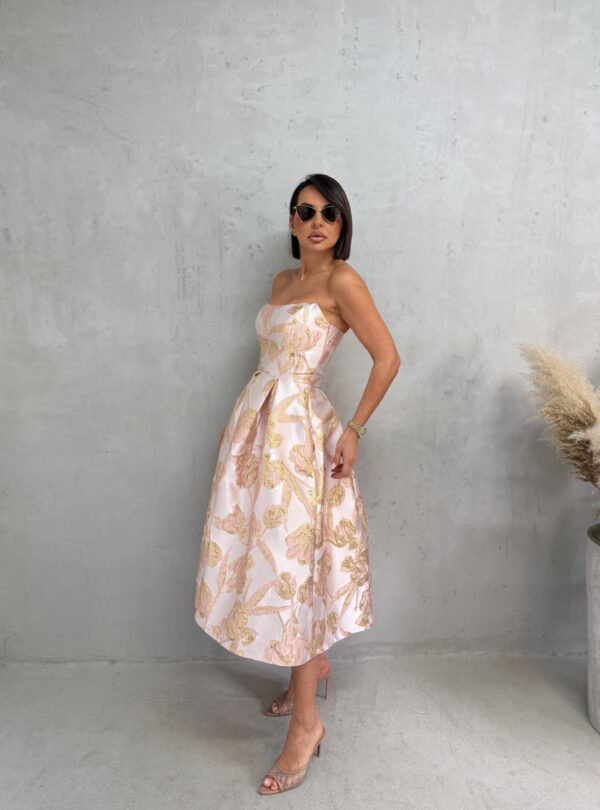 Midi roze zlatna cvetna elegantna korset haljina A kroja ispod kolena od čvrstog cvetnog brokata