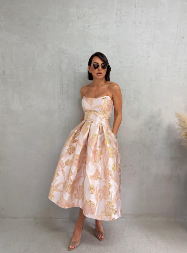 Midi roze zlatna cvetna elegantna korset haljina A kroja ispod kolena od čvrstog cvetnog brokata