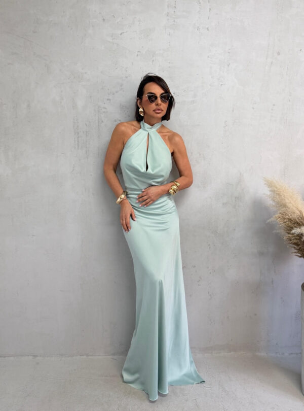 Duga mint plava elegantna satenska haljina otvorenih leđa sa rolka kragnom